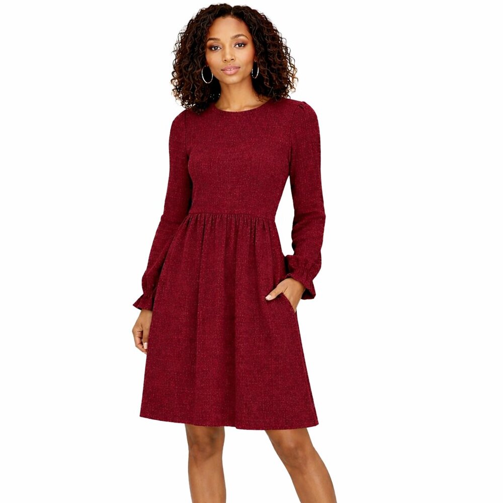 Melloday Fit & Flare Long Sleeve Red Metallic Party Dress with Pockets Size XS